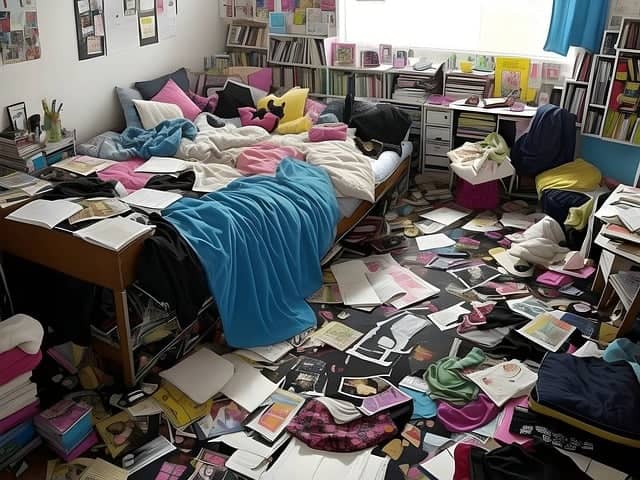 View of a messy room with clutter scattered on the bed, the furniture and all over the floor