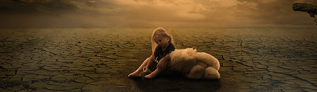 Desert scene with a little girl sitting by an exhausted lamb.