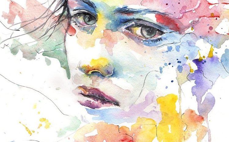 watercolor splashed painting of a woman's face. She is thinking.