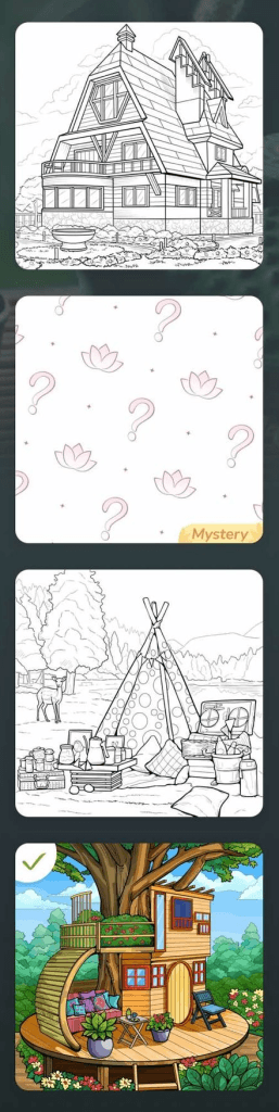 Screen capture of uncolored coloring pages, a mystery page, and finished pages from the Zen Color app