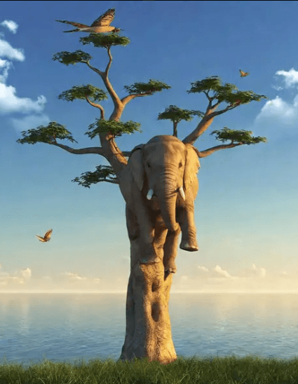 AI image of an elephant high up in a tree, a bird is positioned at the top of the tree.