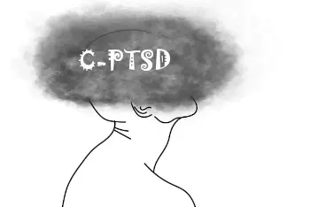 Simple outline of a man's profile, a dirty dark cloud hides the top of his head and face. The letters, C-PTSD is written in the cloud.