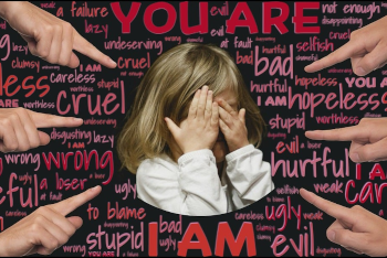 Layered graphic with a child covering her face in shame, as six adult hands point fingers at her. Words behind her in the background say thinks like 'You are" "shame" "I am"