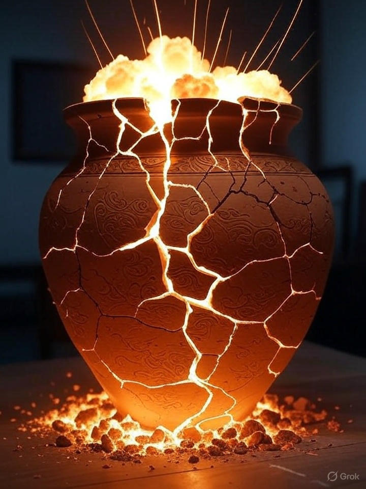 AI image of a claypot breaking and shattering down the sides, with bright light exploding from the top and sides