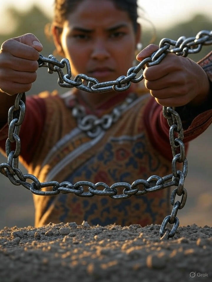 AI image of a woman breaking free from many chains.