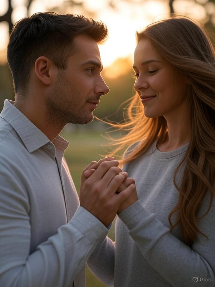 AI image of a dark haird man holding the hands of his blonde wife in earnest. She is smiling