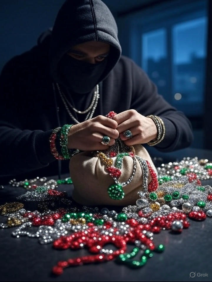 AI image of a burglar with his face covered, who is stuffing colorful jewels into his sack which represent creativity.