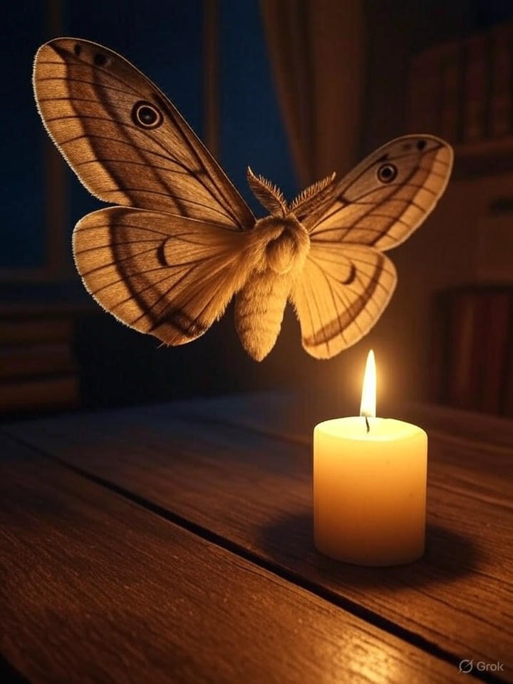 AI image - A large moth hovers dangerously close to an open flame from a candle