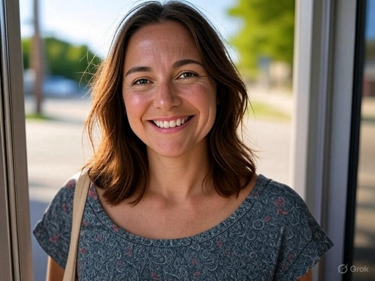 A smiling brunette woman in her thirties walks into a doorway from outside. Handmag slung over her shoulder.