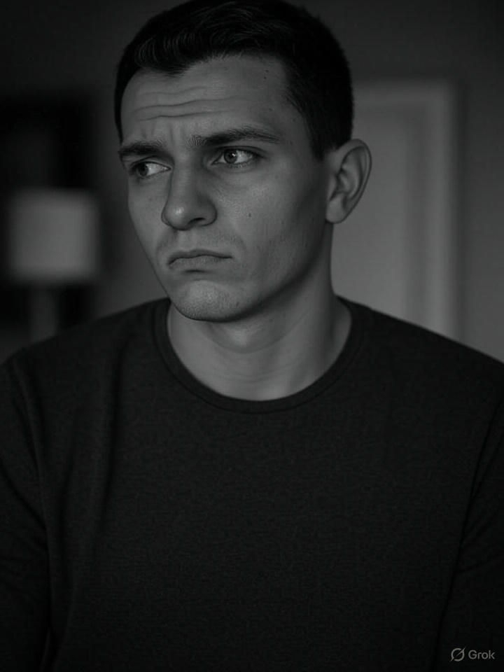 Grayscale image of a man who looks unhappy and is looking to the side.