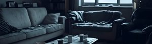AI image of a neglected apartment. black and white image with grayscale