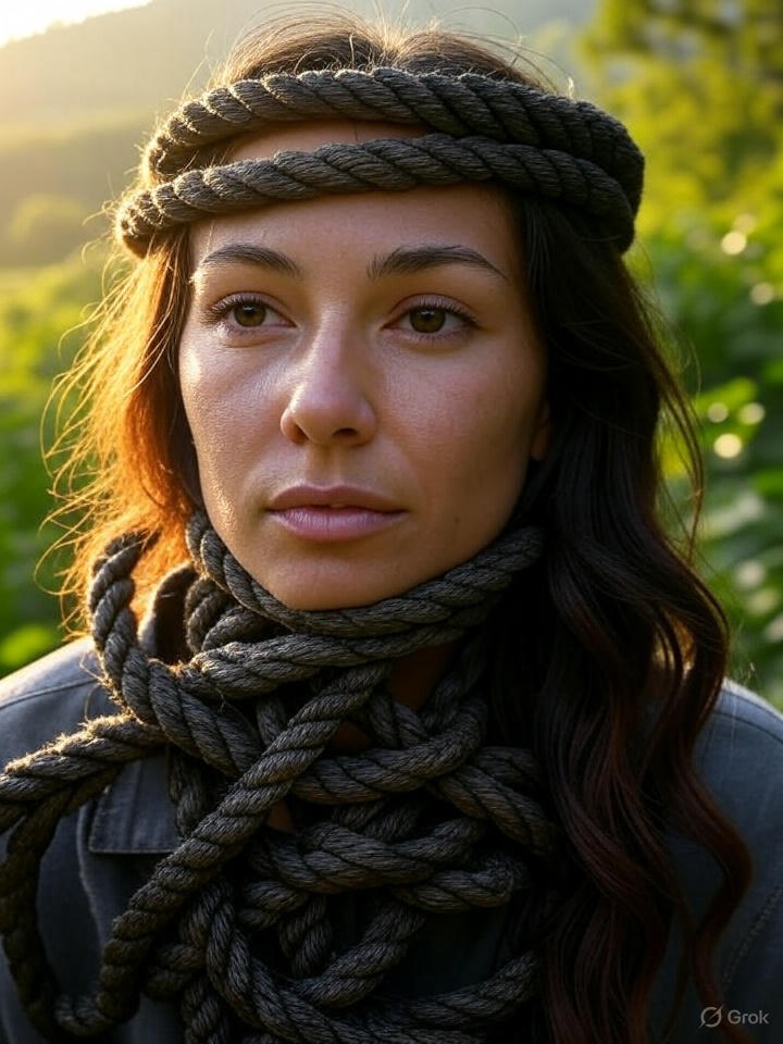 AI image of a woman with dark hair who has a rope tied around her forehead and wrapped around her neck and shoulders depicting a set-mindset